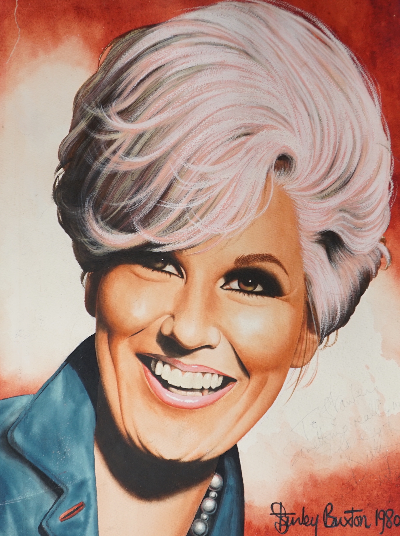 Stanley Buxton, gouache, Portrait of Dusty Springfield, autographed and signed Stanley Buxton 1980, unframed, 55x 43cm